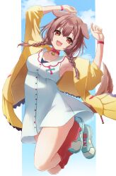 1girl absurdres animal_ears blue_sky border braid brown_eyes brown_hair cloud collar dog_ears dog_girl dog_tail dress highres hinata_habi_ss hololive inugami_korone inugami_korone_(1st_costume) jacket looking_at_viewer medium_hair open_mouth red_collar red_socks shoes sky smile socks solo tail twin_braids virtual_youtuber white_border white_dress white_shoes yellow_jacket