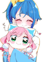 Rule 34 | 1girl, absurdres, artist name, blue hair, blue shirt, bow, casual, character doll, closed mouth, commentary, cure prism, cut bangs, doll, facing viewer, green eyes, hair bow, heart, highres, hirogaru sky! precure, holding, holding doll, long sleeves, medium hair, nijigaoka mashiro, pink hair, pixiv username, potacure, precure, shirt, side ponytail, signature, simple background, single sidelock, smile, solo, sora harewataru, t-shirt, translated, twitter username, two-tone shirt, white background, white bow, white shirt, yellow bow