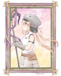 1girl 37kuki770 aqua_eyes artist_name artoria_caster_(fate) artoria_caster_(first_ascension)_(fate) artoria_pendragon_(fate) bare_shoulders blonde_hair border commentary_request fate/grand_order fate_(series) from_side gloves grey_gloves grey_hat grey_skirt hat holding holding_staff long_hair looking_up outside_border picture_frame pouch shirt skirt sleeveless sleeveless_shirt solo staff white_border white_shirt
