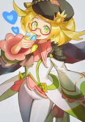 1girl absurdres beret bianca_(champion)_(pokemon) bianca_(pokemon) blonde_hair cake cake_slice coat collared_shirt commentary_request eyelashes food glasses green_eyes hand_up happy hat heart highres holding holding_food leg_up looking_at_viewer nintendo official_alternate_color orange_mikan pants pink_shirt pink_shoes pokemon pokemon_masters_ex red-framed_eyewear semi-rimless_eyewear shirt shoes solo white_background white_coat white_pants