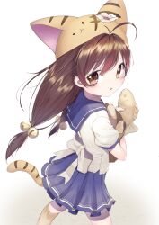 Rule 34 | 1girl, animal ears, animal hat, bell, blue skirt, blush, brown eyes, brown hair, cat ears, cat hat, di gi charat, food, hair bell, hair between eyes, hair ornament, hat, highres, jungki dr, long hair, looking at viewer, parted lips, pleated skirt, puchiko, sailor collar, school uniform, shirt, simple background, skirt, solo, taiyaki, twintails, wagashi, walking, white shirt