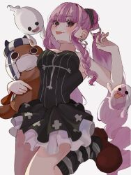1girl black_dress blunt_bangs braided_sidelock commentary dress earrings ghost highres jewelry kumacy leg_warmers looking_at_viewer mask mouth_mask one_piece perona short_dress sidelocks simple_background solo standing standing_on_one_leg strapless stuffed_animal stuffed_toy symbol-only_commentary teddy_bear tongue tongue_out u_mi031 white_background