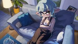 1girl bare_shoulders black_pants blush breasts cleavage coffee_table collarbone couch crop_top crossed_arms cup cushion drinking_glass drinking_straw earrings fangs gradient_hair grey_hair grin horny_face indoors jewelry lamp laz_gm living_room looking_at_viewer marie_(splatoon) marie_(summer_nights)_(splatoon) medium_breasts mole mole_under_eye multicolored_hair night nintendo overalls pants patting picture_frame plant pointy_ears rug short_hair sleeveless smile splatoon_(series) splatoon_3 star-shaped_pupils star_(symbol) star_symbol sweatpants symbol-shaped_pupils table window yellow_eyes