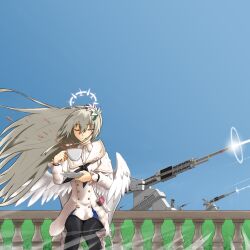 1girl absurdres ace_combat angel_wings blonde_hair blue_archive capelet closed_eyes crossover cup firing flower gun hair_flower hair_ornament halo highres holding holding_saucer nagisa_(blue_archive) otsdarva0079 pantyhose railgun saucer shockwave sky smile spilling stonehenge_turret_network tea teacup weapon white_capelet wings