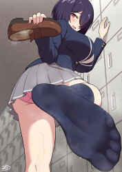 1girl barefoot black_hair blush feet hair_over_one_eye highres j-kisarazu loafers medium_hair open_mouth panties pantyshot pink_eyes shoes single_shoe socks soles steam toes underwear unworn_shoes