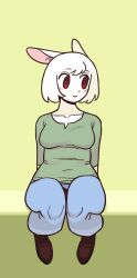 1girl animal_ears breasts golaegun large_breasts pants red_eyes shoes short_hair smile tagme