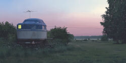 absurdres building bush cloud cloudy_sky company_name day field grass highres no_humans outdoors plant power_lines radio_antenna railing scenery simon_stalenhag sky stairs swedish_machines swedish_text tree window yagi_antenna