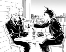 2boys ahoge chair cup danganronpa_(series) danganronpa_2:_goodbye_despair danganronpa_3_(anime) eating feeding food formal_clothes from_side glass gloves hinata_hajime holding holding_cup jacket komaeda_nagito long_sleeves male_focus messy_hair multiple_boys necktie newspaper pants plate profile short_hair table uurin