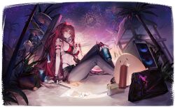 :d aerial_fireworks amplifier azur_lane beach black_gloves black_nails black_pants breasts can chyan colorado_(azur_lane) drum drum_set fingerless_gloves fireworks gloves high_ponytail highleg highleg_panties highres holding holding_can instrument large_breasts light_blush long_bangs long_hair looking_at_viewer manjuu_(azur_lane) maryland_(azur_lane) maryland_(red-hot_drummer)_(azur_lane) maryland_(retrofit)_(azur_lane) navel non-web_source official_alternate_costume official_art open_mouth palm_leaf palm_tree panties pants ponytail red_eyes red_hair sand sideboob sitting smile stomach sunset tree underwear very_long_hair west_virginia_(azur_lane)