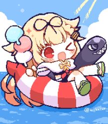 &gt;_o 1girl black_ribbon blonde_hair blush chibi cloud day food green_sandals hair_flaps hair_ribbon holding holding_food ice_cream ice_cream_cone innertube kantai_collection long_hair one_eye_closed open_mouth outdoors pixel_art red_eyes ribbon sandals scarf sky solo swim_ring torpedo twitter_username water white_scarf wishbone yuudachi_(kancolle) yuudachi_kai_ni_(kancolle) yuudachi_kai_ni_(swimsuit)_(kancolle)