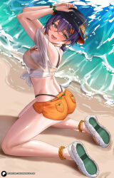 1girl ass beach belle_(zenless_zone_zero) blue_hair blush breasts cleavage enma_(enmanuelart) green_eyes hair_ornament highres kneeling large_breasts letter_hair_ornament looking_at_viewer open_mouth shore short_hair smile solo zenless_zone_zero