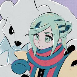 1boy bear beartic black_eyes blue_eyes blue_hair blue_mittens blue_scarf closed_mouth conachun creatures_(company) eyelashes game_freak gen_5_pokemon grusha_(pokemon) highres jacket long_hair long_sleeves male_focus mittens nintendo pokemon pokemon_(creature) pokemon_sv purple_background red_scarf scarf simple_background smile striped_clothes striped_scarf two-tone_scarf upper_body white_fur yellow_jacket