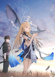 1boy 1girl absurdres bare_legs bare_shoulders black_collar black_dress black_hair black_jacket black_pants blonde_hair cartethyia_(wuthering_waves) collar commentary crown_of_thorns dress earrings grey_shirt hands_up haro_(har_illust) highres holding holding_sword holding_weapon jacket jewelry legs long_hair necklace outdoors pants pointy_ears shirt sidelocks sword tabard tacet_mark_(wuthering_waves) very_long_hair weapon white_tabard wuthering_waves yellow_eyes