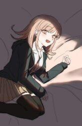 :d bed_sheet black_thighhighs breasts brown_hair brown_skirt danganronpa_(series) danganronpa_2:_goodbye_despair dress_shirt jacket large_breasts long_hair lying miniskirt nanami_chiaki neck_ribbon on_side open_clothes open_jacket open_mouth pink_eyes pink_ribbon pleated_skirt ribbon shirt skirt smile spaceship_hair_ornament thighhighs two-tone_shirt white_shirt yeonju
