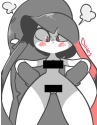 1girl 2018 angry ass bar_censor blush breasts censored censored_nipples diives english_text female gaghiel_(diives) gen_3_pokemon heavy_breathing looking_at_viewer mawile nintendo nude open_mouth partially_colored patreon pokemon pokemon_(creature) pokemon_rse pussy red_eyes signature simple_background solo watermark white_background