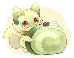 Rule 34 | :3, :p, blush, cake, closed mouth, commentary request, food, highres, nintendo, no humans, pokemon, pokemon (creature), red eyes, revision, solo, sprigatito, swiss roll, tongue, tongue out, yellow background, yupo 0322