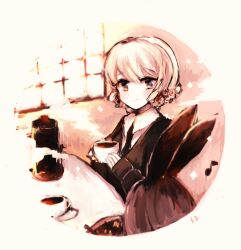 2girls 32_(rt_32_bbk) braid coffee coffee_mug cup girls_und_panzer girls_und_panzer_little_army hair_ribbon holding holding_cup indoors kilimanjaro_(girls_und_panzer) long_hair mocha_(girls_und_panzer) mug multiple_girls musical_note ribbon