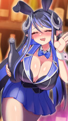1girl :d animal_ears black_hair black_hairband black_shirt blue_hair blue_skirt blush bottle breasts bunny_garden cleavage closed_eyes collar commentary_request cosplay cowboy_shot curled_horns demon_girl demon_horns detached_collar earrings fake_animal_ears fang grey_horns hair_between_eyes hairband hebiyoi_tier highres holding holding_bottle horns jewelry kana_(bunny_garden) kana_(bunny_garden)_(cosplay) large_breasts leotard long_hair multicolored_hair nanashi_inc. open_mouth playboy_bunny pleated_skirt pointy_ears rabbit_ears sake_bottle shirt sidelocks skirt sleeveless sleeveless_shirt smile solo two-tone_hair virtual_youtuber white_collar yomusu
