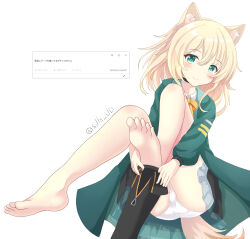 1girl animal_ear_fluff animal_ears arknights ass barefoot black_boots blonde_hair blush boots bow closed_mouth collared_shirt commentary_request feet fold-over_boots green_eyes green_jacket hair_between_eyes highres jacket long_sleeves open_clothes open_jacket panties podenco_(arknights) puffy_long_sleeves puffy_sleeves request_inset shirt sills simple_background smile solo tail translation_request twitter_username underwear unworn_boots white_background white_panties white_shirt yellow_bow
