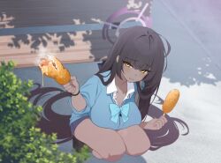 1girl ahoge aqua_bow aqua_bowtie aqua_cardigan bench black_hair blue_archive blue_bow blue_bowtie blue_cardigan blue_nails blue_skirt blush bow bowtie breasts brown_socks bush cardigan cleavage closed_mouth collarbone collared_shirt corn_dog dark-skinned_female dark_skin dydldidl food from_above game_cg gradient_halo halo highres holding holding_food incoming_gift karin_(blue_archive) karin_(school_uniform)_(blue_archive) kneehighs large_breasts loafers long_hair looking_at_viewer loose_bowtie multicolored_halo official_art outdoors partially_unbuttoned pleated_skirt purple_halo school_uniform scrunchie shirt shoes skirt sleeves_rolled_up socks solo squatting very_long_hair white_shirt wooden_bench wrist_scrunchie yellow_eyes