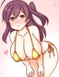 1girl :&lt; ahoge alternate_costume artist_logo bikini blush breasts brown_eyes collarbone cowboy_shot dated gold_bikini gradient_background hagikaze_(kancolle) heart kanon_(kurogane_knights) kantai_collection large_breasts logo long_hair looking_at_viewer navel one-hour_drawing_challenge one_side_up pink_background purple_hair solo swimsuit
