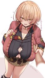 Rule 34 | 1boy, 1girl, black choker, black shirt, blonde hair, blush, bow, bow earrings, breasts, button gap, cardigan, choker, cleavage, earrings, fang, fatetan, grabbing another&#039;s breast, gradient hair, groping, guided breast grab, guiding hand, gyaru, hair over one eye, heart, heart choker, highres, huge breasts, jewelry, leaning forward, long hair, long sleeves, looking at viewer, miniskirt, multicolored hair, necktie, necktie lift, nijisanji, nui sociere, nui sociere (10th costume), open mouth, pink cardigan, pink hair, pink nails, purple necktie, purple skirt, shirt, simple background, skin fang, skindentation, skirt, smile, twitter username, virtual youtuber, white background, wolf cut, yellow eyes