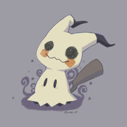 animal_focus artist_name aura blush colored_skin commentary_request gen_7_pokemon grey_background highres iwasi_29 mimikyu nintendo no_humans pokemon pokemon_(creature) simple_background solid_oval_eyes tail twitter_username wavy_mouth yellow_skin