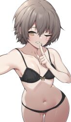 Rule 34 | 1girl, ;d, act (xadachit), arm up, black bra, black nails, blush, bow, bow panties, bra, breasts, brown hair, finger to mouth, front-tie bra, girls&#039; frontline, grin, hair between eyes, half-closed eye, hand up, highres, lace, lace-trimmed bra, lace-trimmed panties, lace trim, leaning forward, leva (girls&#039; frontline 2), medium hair, nail polish, navel, one eye closed, open mouth, outstretched arm, panties, scar, scar across eye, scar on face, shushing, small breasts, smile, solo, standing, ump45 (girls&#039; frontline), underwear, underwear only, yellow eyes