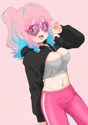 1girl :d alternate_costume black_shrug blue_hair breasts casual commentary cowboy_shot drawstring happyundergate heart heart-shaped_eyewear highres hood hood_down hooded_shrug hozuki_kaede large_breasts long_hair long_sleeves looking_at_viewer midriff nail_polish navel onii-chan_wa_oshimai! open_mouth pants pink-framed_eyewear pink_background pink_hair pink_nails pink_pants ponytail red_eyes shrug_(clothing) sidelocks simple_background smile solo teeth upper_teeth_only