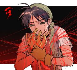 1boy antenna_hair bandana black_hair border brown_eyes clenched_hands furrowed_brow gensou_suikoden gensou_suikoden_i gloves gold_trim green_bandana holding_own_wrist male_focus menosgland parted_bangs red_streaks red_tunic shirt short_hair solo sweat tir_mcdohl tunic upper_body white_border white_shirt yellow_gloves