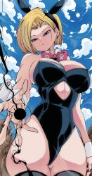 1girl absurdres android_18 black_boots blonde_hair blue_eyes blue_sky boots breasts cloud cloudy_sky dragon_ball dragon_ball_fighterz earrings highres jewelry kinakomochi_(user_vedc2333) large_breasts leotard looking_at_viewer necktie pixiv_username playboy_bunny plunging_neckline red_nails short_hair sky thick_thighs thighs umbrakinesis