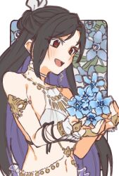 Rule 34 | 1girl, armlet, bare shoulders, belly chain, bikini, black hair, blue flower, blush, border, bow, brown eyes, choker, commentary, final fantasy, final fantasy vii, final fantasy vii ever crisis, fingerless gloves, floral background, flower, gloves, hair bow, highres, holding, holding flower, jewelry, konbu7733, long hair, navel, necklace, official alternate costume, open mouth, outside border, solo, stomach, swimsuit, tifa lockhart, tifa lockhart (passion mermaid), upper body, white bikini, white border, white bow, white choker, white gloves
