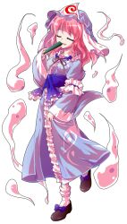 1girl alphes_(style) commentary_request dairi dress full_body ghost hand_fan hat highres parody pink_eyes pink_hair saigyouji_yuyuko short_hair smile solo style_parody tachi-e touhou transparent_background triangular_headpiece wide_sleeves