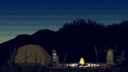 1girl animated animated_gif blue_hair bonchi-pixel campfire hair_bun moped motor_vehicle night outdoors pixel_art shima_rin shooting_star short_hair sitting solo star_(sky) tent yurucamp