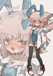 1girl @_@ absurdres alternate_costume animal_ear_hairband animal_ears arknights black_shoes black_thighhighs blue_eyes blue_leotard blush choker closed_mouth coat covered_navel embarrassed fake_animal_ears flat_chest fox_ears fox_girl fox_tail gloves hairband highleg highleg_leotard highres hood hood_down hooded_coat infection_monitor_(arknights) ishimizu08 leotard nose_blush open_mouth playboy_bunny rabbit_ear_hairband rabbit_ears shoes strapless strapless_leotard sussurro_(arknights) sweat tail thighhighs white_coat white_gloves zoom_layer