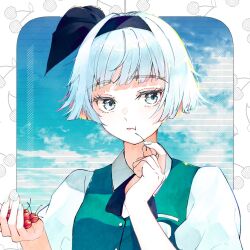 Rule 34 | 1girl, black hairband, cherry, cherry print, chewing, eating, fingernails, food, food print, fruit, fruit print, green eyes, green vest, grey hair, hairband, highres, holding, holding food, konpaku youmu, konruri blue, outside border, portrait, puffy short sleeves, puffy sleeves, short hair, short sleeves, sky, solo, touhou, vest