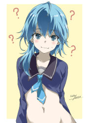 1girl ? ahoge asymmetrical_hair black_sailor_collar blue_eyes blue_hair blue_neckerchief blue_shirt blue_sky cloud day gakky groin highres kantai_collection looking_at_viewer minazuki_(kancolle) neckerchief no_pants one-hour_drawing_challenge outdoors sailor_collar sailor_shirt school_uniform serafuku shirt short_hair short_hair_with_long_locks sky solo yellow_background