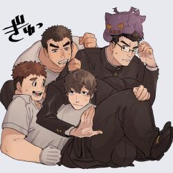 4boys adjusting_eyewear angry bara belly black_footwear black_jacket brown_hair demon_wings devil_(housamo) embarrassed facial_hair gakuran glasses gloves goatee_stubble hand_on_another&#039;s_knee hand_on_eyewear jacket long_sleeves lying male_focus motoori_shiro multiple_boys on_back protagonist_4_(housamo) school_uniform shirt short_hair short_sleeves simple_background squatting stitched_mouth stitches stubble sweatdrop takabushi_kengo thick_eyebrows tokyo_houkago_summoners wanijima white_gloves white_shirt wings yakushimaru_ryota
