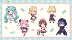 Rule 34 | 2boys, 4girls, :d, ;), ahoge, apron, aqua bow, aqua dress, aqua eyes, aqua hair, artist name, black coat, black dress, black jacket, black pants, black shoes, black shorts, black vest, blonde hair, blue eyes, blue necktie, bow, braid, braided hair rings, brown hair, bun cover, chibi, chibi only, closed mouth, coat, coattails, commentary request, copyright notice, dress, frilled apron, frilled dress, frills, full body, grin, hair between eyes, hair bow, hair ornament, hair rings, hairclip, hatsune miku, heart, highres, holding teddy bear, hood, hood up, hooded jacket, jacket, kagamine len, kagamine rin, kaito (vocaloid), leg up, leg warmers, logo, maid headdress, megurine luka, meiko (vocaloid), multiple boys, multiple girls, necktie, official art, one eye closed, open mouth, pants, pink hair, red dress, second-party source, shiromikan, shirt, shoes, shorts, single leg warmer, skirt hold, sleeves past fingers, sleeves past wrists, smile, striped clothes, striped shorts, striped thighhighs, teeth, thighhighs, vest, vocaloid, waist apron, white apron, white leg warmers, white shirt, yellow necktie