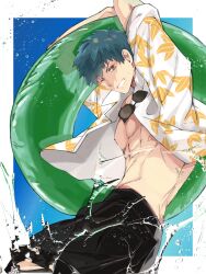 Rule 34 | 1boy, blue hair, cowboy shot, fate/grand order, fate (series), hawaiian shirt, highres, holding, holding swim ring, innertube, kamigokuin, looking at viewer, male focus, male swimwear, nipples, one eye closed, open clothes, open shirt, saitou hajime (fate), saitou hajime (the grinning man of the beach) (fate), shirt, short hair, smile, solo, sunglasses, swim ring, swim trunks, toned, toned male, unworn eyewear, water, wet, white shirt, yellow eyes