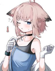 Rule 34 | 1girl, absurdres, ahoge, animal ears, arknights, black choker, blue eyes, blue vest, choker, extra ears, flat chest, flying sweatdrops, fox ears, fox girl, gloves, highres, hot, infection monitor (arknights), looking at viewer, material growth, one eye closed, open mouth, oripathy lesion (arknights), pink hair, simple background, solo, spam (spamham4506), sussurro (arknights), upper body, vest, white background, white gloves