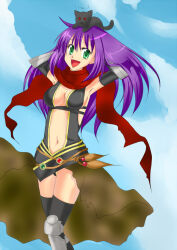 1girl :d animal animal_on_head armpits arms_behind_head assassin_cross_(ragnarok_online) black_cat black_gloves black_leotard black_thighhighs blue_sky blush breasts brown_cape cape cat cat_on_head cleavage cloud commentary_request elbow_gloves feet_out_of_frame gloves green_eyes kazu_ayase leotard long_hair looking_at_viewer medium_breasts navel on_head open_mouth purple_hair ragnarok_online red_scarf revealing_clothes scarf sky smile solo thighhighs vambraces waist_cape