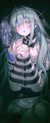 1girl absurdres aqua_hair blue_eyes character_request cowboy_shot epic_seven gootai highres long_hair one_eye_closed parted_lips praying restrained sitting snake solo teeth very_long_hair yellow_eyes