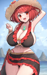 1girl :d absurdres alternate_costume armlet armpits belly bikini black_bikini bob_cut bracelet breasts cleavage day earrings floating_earrings flower frilled_bikini frills gonzarez happy hat highres jewelry large_breasts navel o-ring o-ring_bikini o-ring_top open_mouth outdoors pyra_(xenoblade) red_eyes red_hair ribbon sideboob smile solo stomach straw_hat swimsuit thigh_gap thighs underboob water wide_hips xenoblade_chronicles_(series) xenoblade_chronicles_2