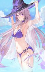 1girl absurdres bikini black_hat breasts brown_hair cleavage closed_mouth cloud commentary cowboy_shot day front-tie_bikini_top front-tie_top hat herta_(honkai:_star_rail) highres honkai:_star_rail honkai_(series) large_breasts long_hair navel outdoors purple_bikini purple_eyes side-tie_bikini_bottom smile solo stteroo swimsuit the_herta_(honkai:_star_rail) very_long_hair wading