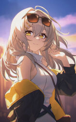 Rule 34 | 1girl, absurdres, backlighting, bare shoulders, black jacket, blurry, blurry background, breasts, brown bag, closed mouth, commentary request, cowboy shot, dress, eyewear on head, grey hair, hair between eyes, hair ornament, hairclip, hand up, highres, honkai: star rail, honkai (series), jacket, light smile, long hair, looking at viewer, medium breasts, off shoulder, official alternate costume, open clothes, open jacket, outdoors, shali, sleeveless, sleeveless dress, solo, stelle (honkai: star rail), stelle (world tour 2023) (honkai: star rail), sunglasses, sunrise, trailblazer (honkai: star rail), white dress, yellow eyes