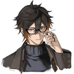 1boy arm_up bespectacled black-framed_eyewear black_hair black_shirt brown_eyes brown_hair brown_jacket buttoned_cuffs buttons cropped_torso double-parted_bangs genshin_impact glasses gradient_hair hair_between_eyes highres jacket jewelry long_sleeves looking_at_viewer male_focus multicolored_hair multiple_rings parted_lips ring shirt simple_background snowykitty_3 solo turtleneck white_background zhongli_(genshin_impact)