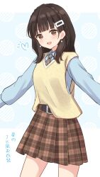 1girl :d animification blue_background blue_shirt blunt_bangs braid breasts brown_eyes brown_necktie brown_skirt collared_shirt cowboy_shot crown_braid dress_shirt hair_ornament hairclip hanazora_satsuki heart highres long_hair looking_at_viewer medium_breasts miniskirt necktie nirei_nozomi notice_lines open_mouth outstretched_arms plaid_clothes plaid_necktie plaid_skirt pleated_skirt polka_dot polka_dot_background real_life shirt shirt_partially_tucked_in skirt smile solo standing sweater_vest translation_request voice_actor yellow_sweater_vest