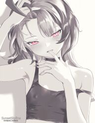 1girl adjusting_hair arm_up biting_own_finger commentary covered_erect_nipples crop_top english_commentary finger_in_own_mouth gigi_murin greyscale highres hololive hololive_english medium_hair messy_hair monochrome multicolored_hair pink_eyes sharp_teeth solo spot_color strap_slip sunset_skyline teeth upper_teeth_only virtual_youtuber