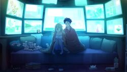 1boy 1girl ahoge barefoot barred_window blanket blonde_hair blue_shorts book breasts closed_eyes collarbone couch crossed_legs dim_lighting feet food foot_on_couch frown fukuda_tomonori game_cg genki_dotou gunvarrel hair_down hand_on_own_knee highres kidou_battle_gunvarrel koujiro_frau lace-trimmed_collar lace-trimmed_tank_top lace_trim looking_at_another loungewear matsuo_yukihiro messy_room monitor multiple_monitors non-web_source official_art on_couch pillow pocky red_hair robotics;notes sad screen_light shorts slippers small_breasts strap_pull textbook tissue toes worried wrapped_in_blanket yashio_kaito